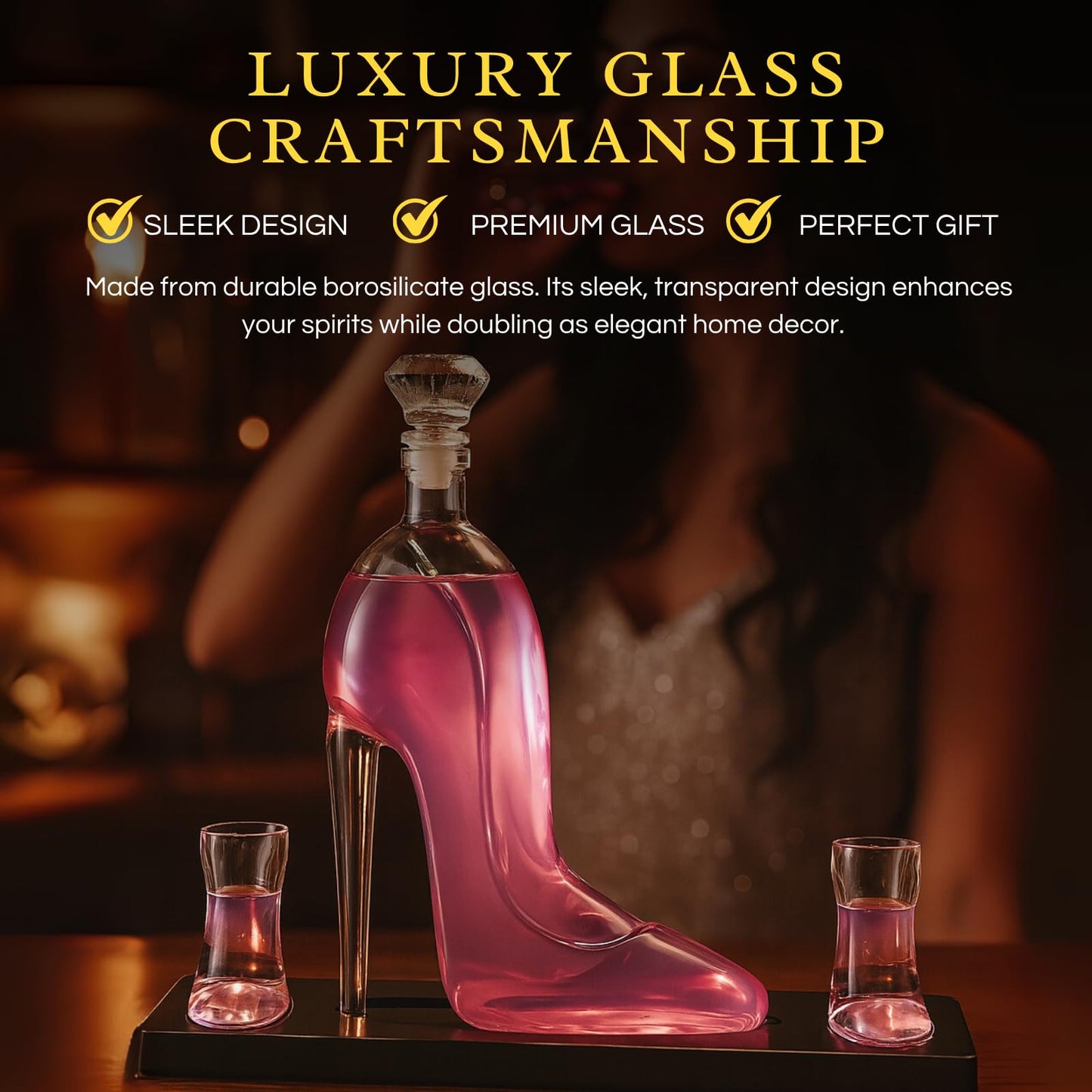 Heel Stiletto High Heels Whiskey and Wine Decanter With Heel Glasses & Wood Base - Elegant with Stopper for Liquor, Bourbon, Tequila - Unique High Heel Design, Present Gift for Women, Stylish Barware