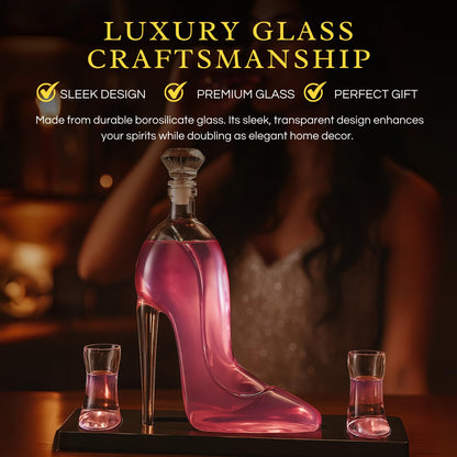Heel Stiletto High Heels Whiskey and Wine Decanter With Heel Glasses & Wood Base - Elegant with Stopper for Liquor, Bourbon, Tequila - Unique High Heel Design, Present Gift for Women, Stylish Barware
