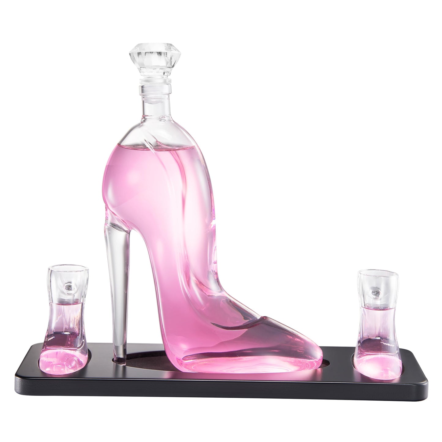 Heel Stiletto High Heels Whiskey and Wine Decanter With Heel Glasses & Wood Base - Elegant with Stopper for Liquor, Bourbon, Tequila - Unique High Heel Design, Present Gift for Women, Stylish Barware